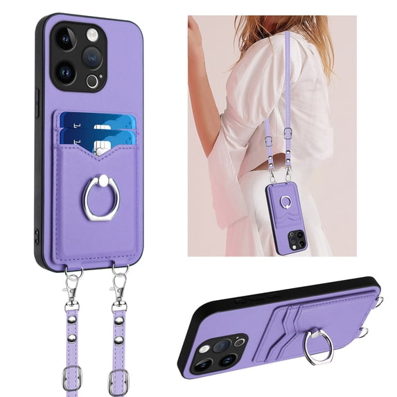 Allytechgroup iPhone 11 Pro Max Case with Cards Holder, Crossbody Shoulder Strap Ring Holder Kicsktand Bumper Shockproof Slim Fit Wallet Case Cover for Applle iPhone 11 Pro Max, Purple