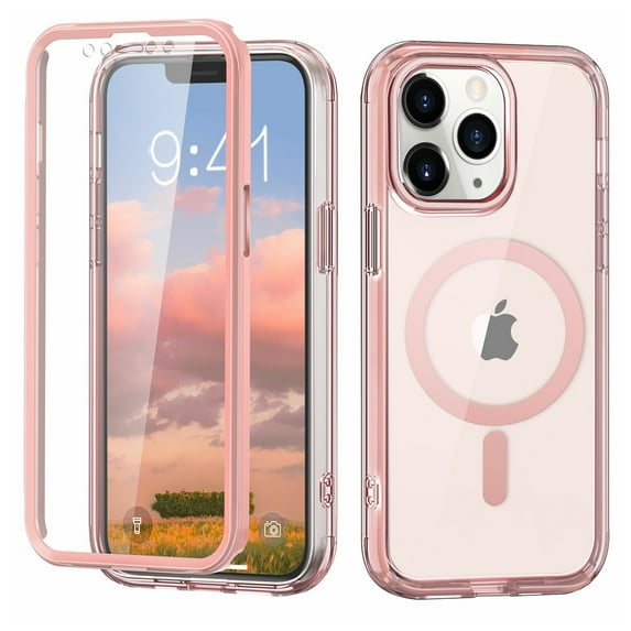 Allytechgroup iPhone 11 Pro Max Case with Screen Protector, Magnetic Back Cover Compatible with Magsafe Transparent Shockproof Drop Proof Phone Case for Apple iPhone 11 Pro Max, Pink