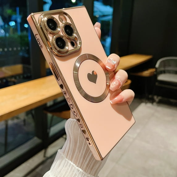 Allytechgroup for iPhone 11 Pro Max Cute Love Heart Pattern Phone Case, Compatible with MagSafe Plating Electroplated Soft TPU Slim Shockproof Magnetic Case for iPhone 11 Pro Max, Pink