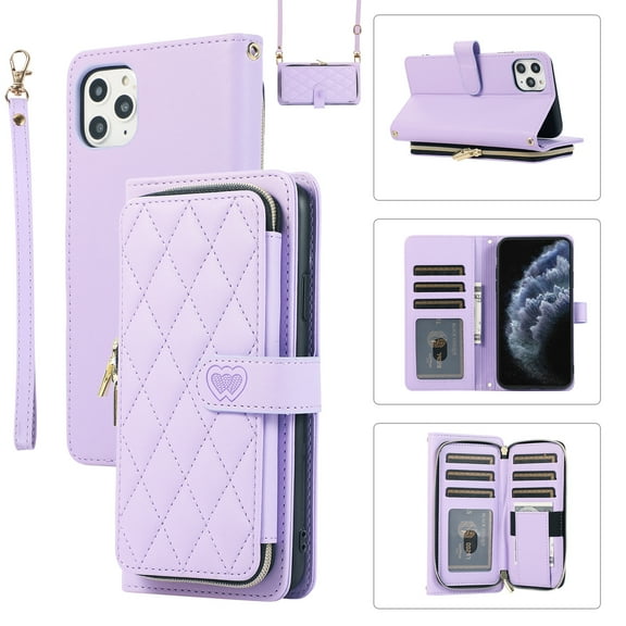 Allytechgroup for iPhone 11 Pro Max Wallet Case, Premium PU Leather Magnetic Buckle Zipper Pocket Card Slots Flip Stand Protective Cover with Hand Strap & Shoulder Strap - Purple