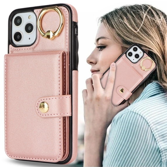 Allytechgroup iPhone 11 Pro Max Wallet Case, Ring Holder Stand Cards Slots Shockproof Retro Flip Back Cover Phone Case for Apple iPhone 11 Pro Max, Rosegold