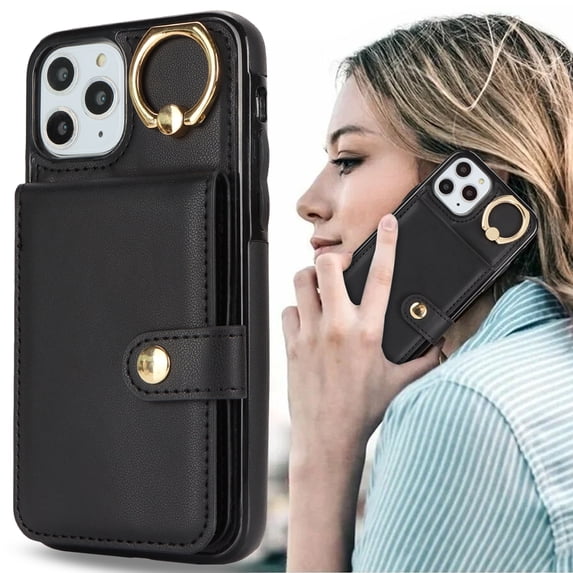 Allytechgroup iPhone 11 Pro Max Wallet Case, Ring Holder Stand Cards Slots Shockproof Retro Flip Back Cover Phone Case for Apple iPhone 11 Pro Max, Black