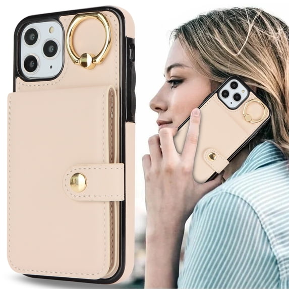 Allytechgroup iPhone 11 Pro Max Wallet Case, Ring Holder Stand Cards Slots Shockproof Retro Flip Back Cover Phone Case for Apple iPhone 11 Pro Max, White
