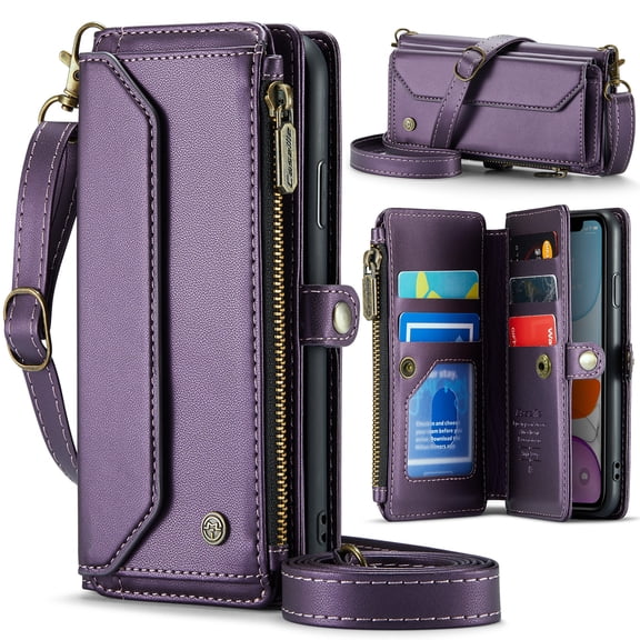Allytechgroup iPhone 11 Pro Max Wallet Case with Shoulder Strap, Strap Wrist, Zipper Pocket, Cards Slots, RFID Blocking Shockproof Bumper Mini Carring Bag Phone Case for Apple iPhone 11 Pro Max,Purple
