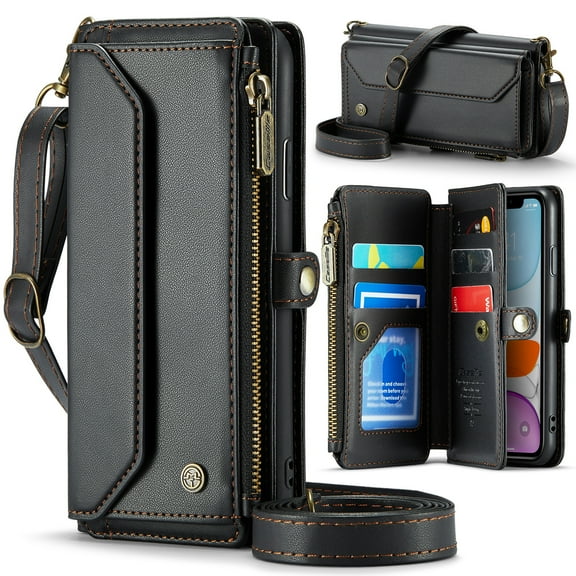 Allytechgroup iPhone 11 Pro Max Wallet Case with Shoulder Strap, Strap Wrist, Zipper Pocket, Cards Slots, RFID Blocking Shockproof Bumper Mini Carring Bag Phone Case for Apple iPhone 11 Pro Max,Black