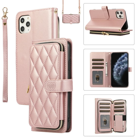 Allytechgroup for iPhone 11 Pro Wallet Case, Premium PU Leather Magnetic Buckle Zipper Pocket Card Slots Flip Stand Protective Cover with Hand Strap & Shoulder Strap - Rosegold
