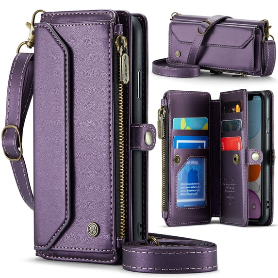 Allytechgroup iPhone 11 Pro Wallet Case with Shoulder Strap, Strap Wrist, Zipper Pocket, Cards Slots, RFID Blocking Shockproof Bumper Mini Carring Bag Phone Case for Apple iPhone 11 Pro,Purple