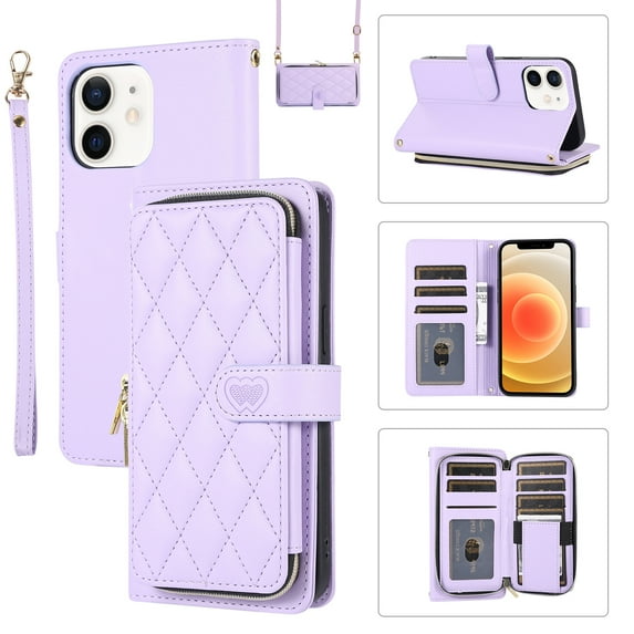 Allytechgroup for iPhone 11 Wallet Case, Premium PU Leather Magnetic Buckle Zipper Pocket Card Slots Flip Stand Protective Cover with Hand Strap & Shoulder Strap - Purple
