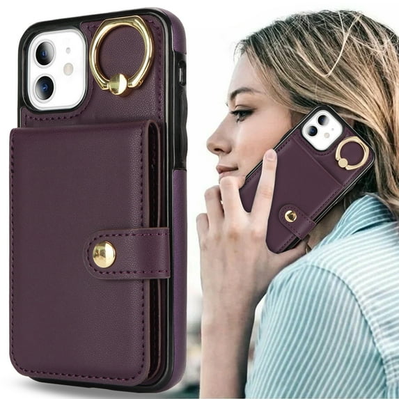 Allytechgroup iPhone 11 Wallet Case, Ring Holder Stand Cards Slots Shockproof Retro Flip Back Cover Phone Case for Apple iPhone 11, Purple