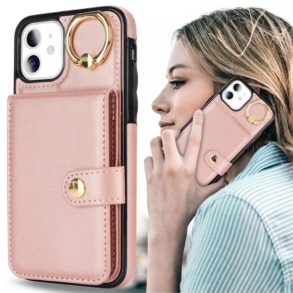 Allytechgroup iPhone 11 Wallet Case, Ring Holder Stand Cards Slots Shockproof Retro Flip Back Cover Phone Case for Apple iPhone 11, Rosegold
