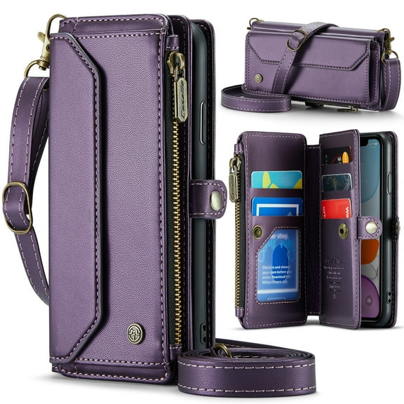 Allytechgroup iPhone 11 Wallet Case with Shoulder Strap, Strap Wrist, Zipper Pocket, Cards Slots, RFID Blocking Shockproof Bumper Mini Carring Bag Phone Case for Apple iPhone 11,Purple