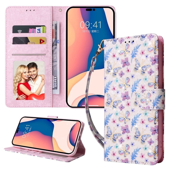 Allytechgroup RFID Blocking Shockproof Butterfly Flower Pattern PU Leather Wallet Cell Phone Case with Wrist Strap for Apple iPhone 11, Yellow