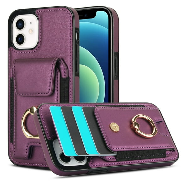 Allytechgroup iPhone 12/ iPhone 12 Pro Case with Wallet, Ring Holder Stand Cards Slots Cash Pocket Drop Protection Retro Leather Case for Girls Women for Apple iPhone 12/ iPhone 12 Pro, Purple