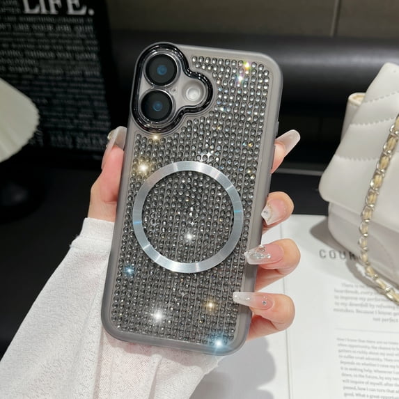 Allytechgroup For iPhone 12 Case with Magnetic, Luxury Sparkly Diamond Rhinestones with Wrist Strap Chain Women Girls Shockproof Bumper Protective Cover For iPhone 12, Gray