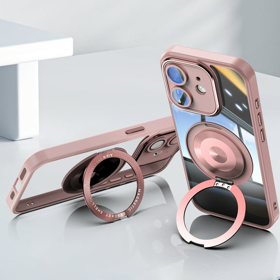 Allytechgroup iPhone 12 Case with Tempered Glass Lens Protector, Ring Holder Kickstand Shockproof Drop Protection Scratch Resistant Anti-Yellow Clear Back Case Cover for Apple iPhone 12, Pink