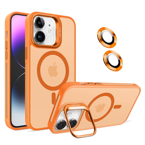 Allytechgroup iPhone 12 Magnetic Case with Lens Protector, Lens Kickstand Matte Translucent Wireless Charging Shockproof Anti-Scratch Hard Cover Shell for Apple iPhone 12, Orange