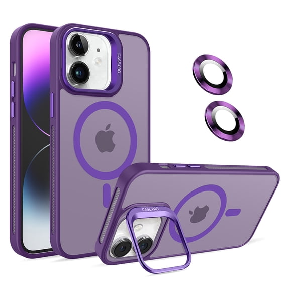 Allytechgroup iPhone 12 Magnetic Case with Lens Protector, Lens Kickstand Matte Translucent Wireless Charging Shockproof Anti-Scratch Hard Cover Shell for Apple iPhone 12, Darkpurple