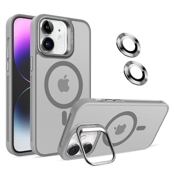 Allytechgroup iPhone 12 Magnetic Case with Lens Protector, Lens Kickstand Matte Translucent Wireless Charging Shockproof Anti-Scratch Hard Cover Shell for Apple iPhone 12, Gray