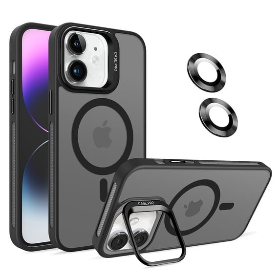 Allytechgroup iPhone 12 Magnetic Case with Lens Protector, Lens Kickstand Matte Translucent Wireless Charging Shockproof Anti-Scratch Hard Cover Shell for Apple iPhone 12, Black