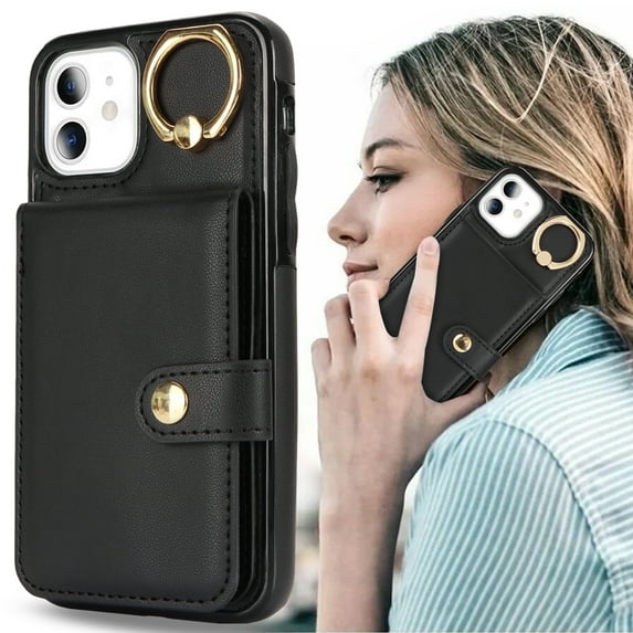 Allytechgroup iPhone 12 Mini Wallet Case, Ring Holder Stand Cards Slots Shockproof Retro Flip Back Cover Phone Case for Apple iPhone 12 Mini, Black