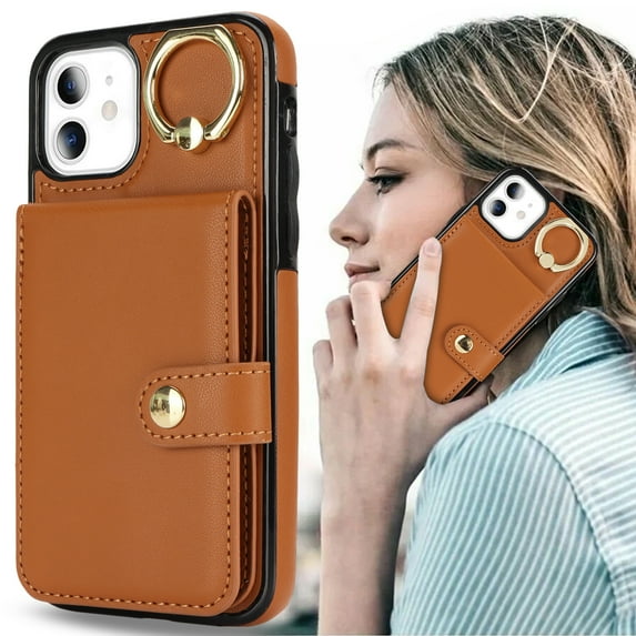 Allytechgroup iPhone 12 Mini Wallet Case, Ring Holder Stand Cards Slots Shockproof Retro Flip Back Cover Phone Case for Apple iPhone 12 Mini, Brown