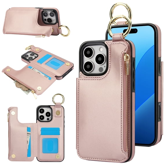 Allytechgroup iPhone 12 Pro / 12 6.1" Wallet Case, RFID Blocking Zipper Pocket Ring Holder Kickstand Bumper Shockproof Portable Durable Phone Case for Apple iPhone 12 Pro / 12 6.1", Rosegold
