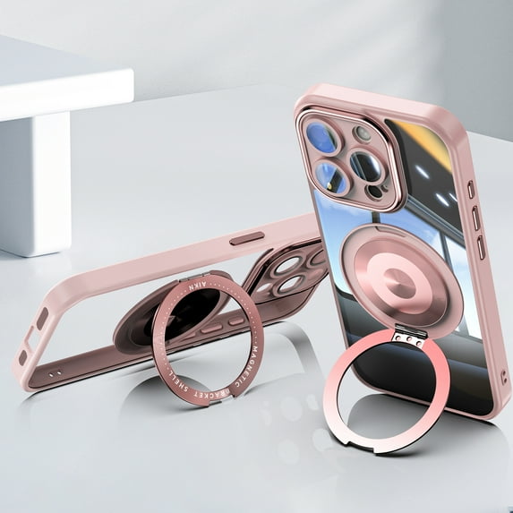 Allytechgroup iPhone 12 Pro Case with Tempered Glass Lens Protector, Ring Holder Kickstand Shockproof Drop Protection Scratch Resistant Anti-Yellow Clear Back Case Cover for Apple iPhone 12 Pro, Pink