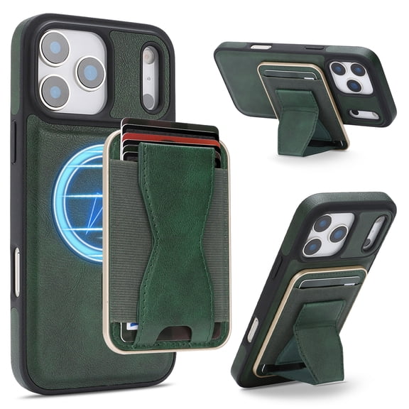 Allytechgroup for iPhone 12 Pro Max Back Cover Protective Case Cover with Magnetic Card Pocket & Kickstand, Shock-Absorbent PC+TPU Anti-Fingerprint Wireless Charging for iPhone 12 Pro Max, Green