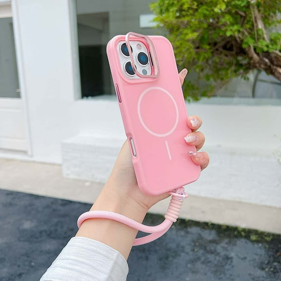 Allytechgroup for iPhone 12 Pro Max Case with Lanyard, Built-in Camera Lens Kickstand Support Wireless Charging Rugged Heavy Duty Durable Shockproof Magnetic Back Cover for iPhone 12 Pro Max, Pink