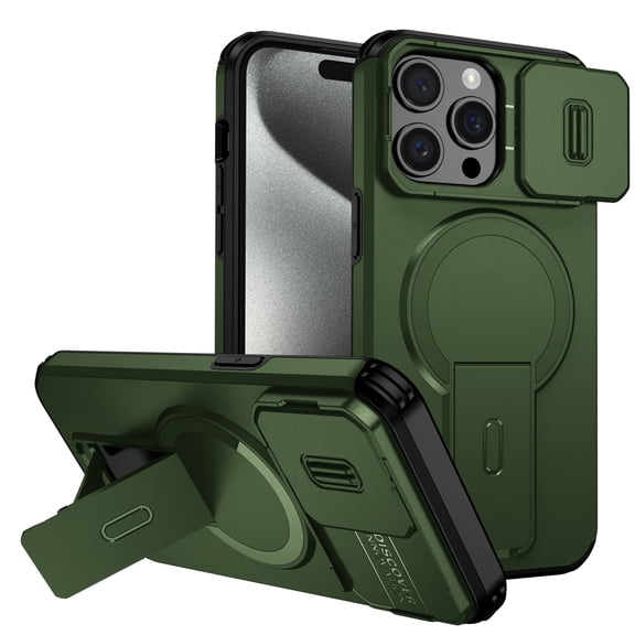 Allytechgroup for iPhone 12 Pro Max Case with Sliding Camera Protector, Compatible with Magsafe Rugged Hybrid TPU PC Kickstand Protective Shockproof Magnetic Case Cover for iPhone 12 Pro Max, Green