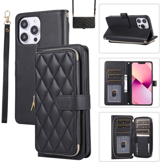 Allytechgroup for iPhone 12 Pro Max Wallet Case, Premium PU Leather Magnetic Buckle Zipper Pocket Card Slots Flip Stand Protective Cover with Hand Strap & Shoulder Strap - Black