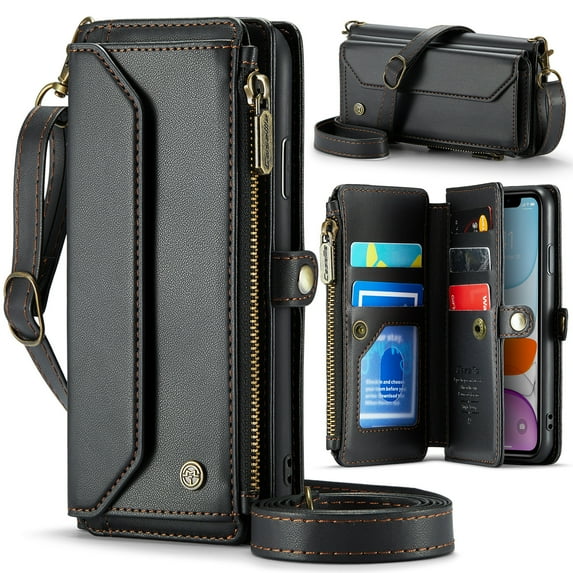 Allytechgroup iPhone 12 Pro/ iPhone 12 Wallet Case with Shoulder Strap, Strap Wrist, Zipper Pocket, Cards Slots, RFID Blocking Shockproof Bumper Mini Carring Bag Phone Case for Women, Black