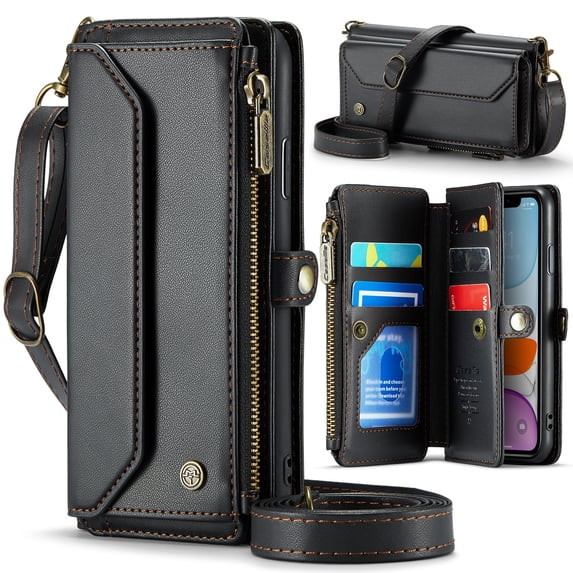 Allytechgroup iPhone 12 Pro/ iPhone 12 Wallet Case with Shoulder Strap, Strap Wrist, Zipper Pocket, Cards Slots, RFID Blocking Shockproof Bumper Mini Carring Bag Phone Case for Women, Black