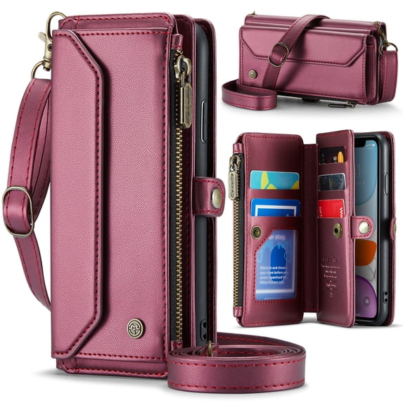 Allytechgroup iPhone 12 Pro/ iPhone 12 Wallet Case with Shoulder Strap, Strap Wrist, Zipper Pocket, Cards Slots, RFID Blocking Shockproof Bumper Mini Carring Bag Phone Case for Women, Winered