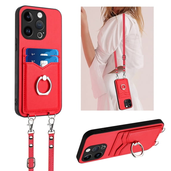 Allytechgroup iPhone 13 Case with Cards Holder, Crossbody Shoulder Strap Ring Holder Kicsktand Bumper Shockproof Slim Fit Wallet Case Cover for Applle iPhone 13, Red