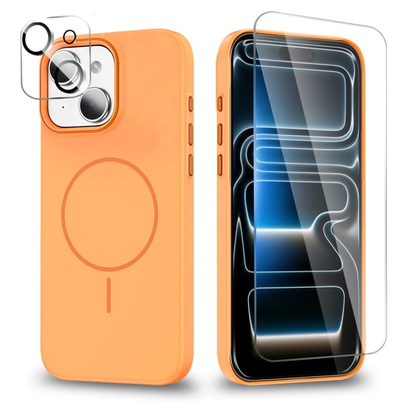 Allytechgroup iPhone 13 Case with Tempered Glass Screen Protector & Camera Lens Protector, Compatible with Magsafe Slim Anti-Scratch Shockproof Bumper Cover for iPhone 13, Orange