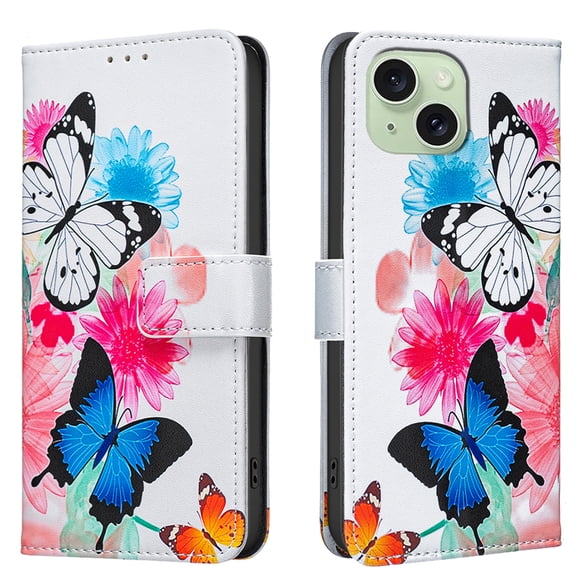 Allytechgroup iPhone 13 Case Wallet Cover with Card Holder, Flip Folio Phone Case for Apple iPhone 13 with Magnetic Closure, Kickstand & RFID Blocking Case for Women Men, Blue Butterfly