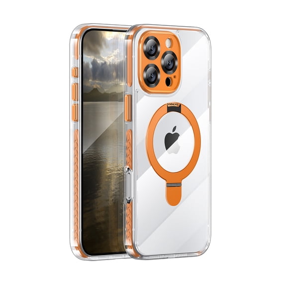 Allytechgroup for iPhone 13 Clear Case with Kickstand, Not Yellowing Support Wireless Charging Slim Phone Case Shockproof Protective Magnetic for iPhone 13, Orange