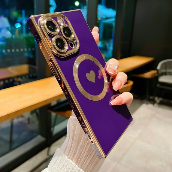 Allytechgroup for iPhone 13 Cute Love Heart Pattern Phone Case, Compatible with MagSafe Plating Electroplated Soft TPU Slim Shockproof Dustproof Magnetic Case for iPhone 13, Darkpurple