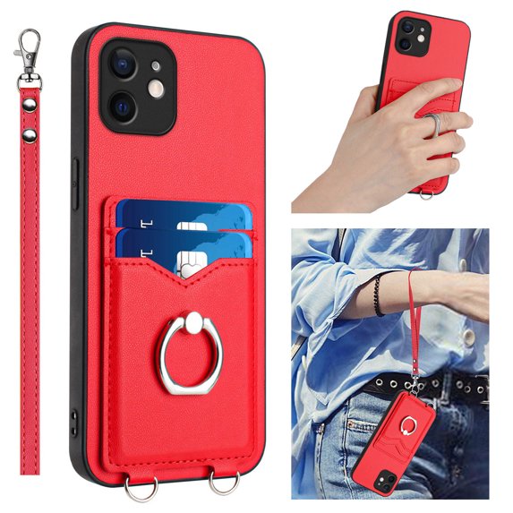 Allytechgroup iPhone 13 Mini Wallet Case for Women Men, Premium PU Leather Shockproof Hand Wrist Slim Fit Back Cover Phone Case for iPhone 13 Mini, Red