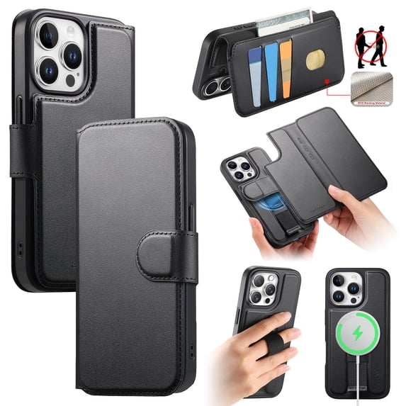 Allytechgroup for iPhone 13 Pro Case, 2-in-1 Wallet Phone Cover with Detachable PU Leather Card Holder, Magnetic MagSafe-Compatible RFID Blocking Protective Case & Wristband, Black