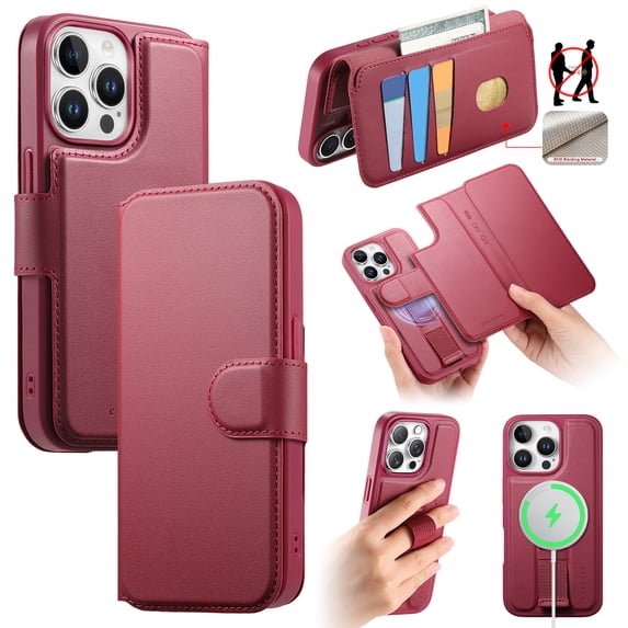 Allytechgroup for iPhone 13 Pro Case, 2-in-1 Wallet Phone Cover with Detachable PU Leather Card Holder, Magnetic MagSafe-Compatible RFID Blocking Protective Case & Wristband, Red