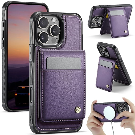 Allytechgroup for iPhone 13 Pro Case, Pu Leather Detachable Cards Holder 2 In 1 Wallet Case Comaptible with Magsafe Kickstand Magnetic Shockproof Back Cover for iPhone 13 Pro, Purple