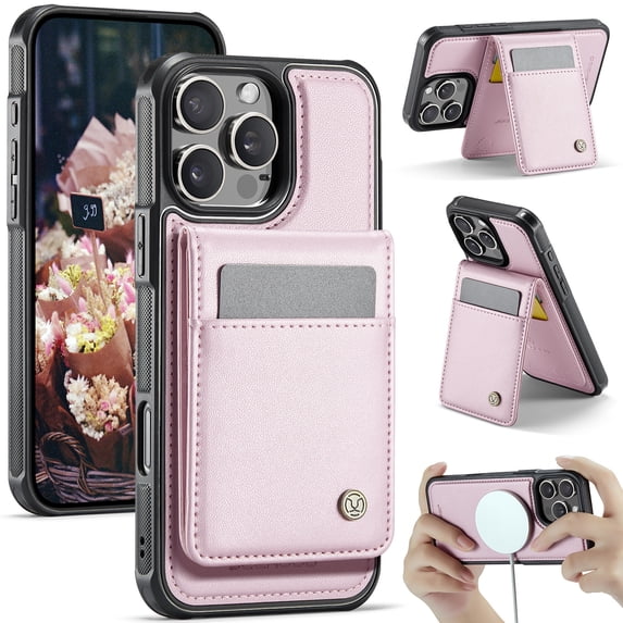 Allytechgroup for iPhone 13 Pro Case, Pu Leather Detachable Cards Holder 2 In 1 Wallet Case Comaptible with Magsafe Kickstand Magnetic Shockproof Back Cover for iPhone 13 Pro, Pink