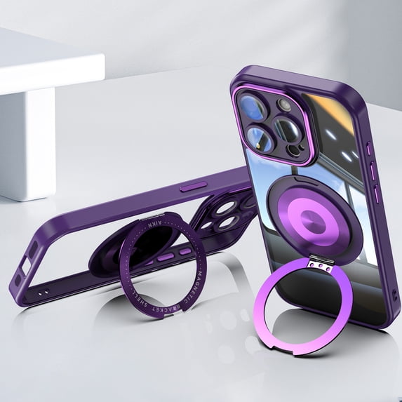 Allytechgroup iPhone 13 Pro Case with Tempered Glass Lens Protector, Ring Holder Kickstand Shockproof Protection Scratch Resistant Anti-Yellow Clear Back Case Cover for Apple iPhone 13 Pro, Darkpurple