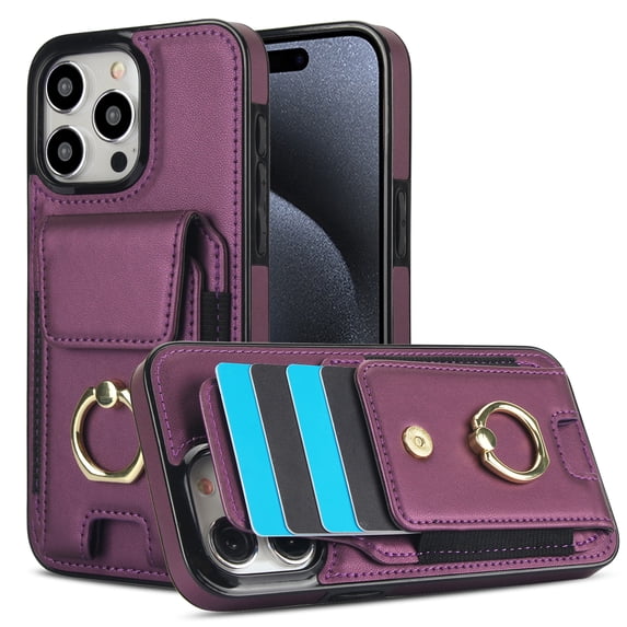 Allytechgroup iPhone 13 Pro Case with Wallet, Ring Holder Stand Cards Slots Cash Pocket Drop Protection Retro Leather Case for Men Women for Apple iPhone 13 Pro, Purple