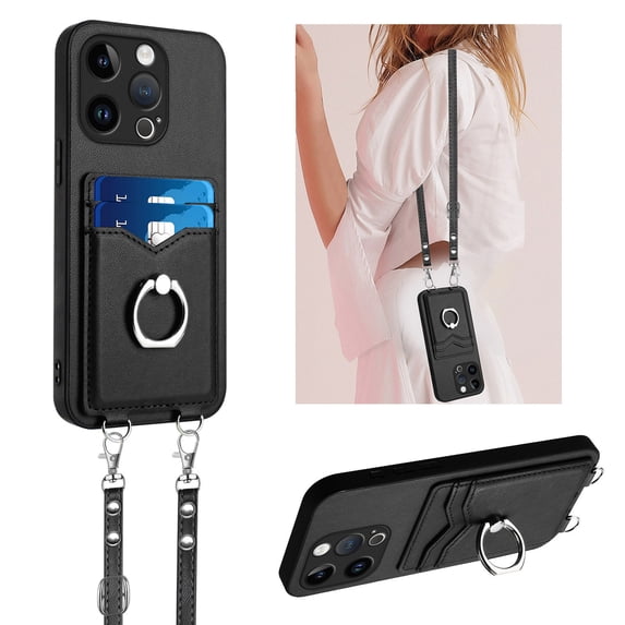 Allytechgroup iPhone 13 Pro Max Case with Cards Holder, Crossbody Shoulder Strap Ring Holder Kicsktand Bumper Shockproof Slim Fit Wallet Case Cover for Applle iPhone 13 Pro Max, Black