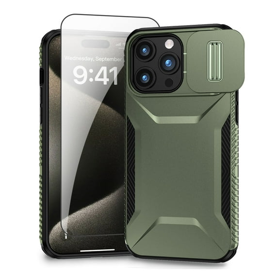 Allytechgroup iPhone 13 Pro Max Case with Screen Protector, Rugged Hybrid TPU PC Back Hard Shell Cover Anti-Scratch Sliding Camera Lens Protector Phone Case for Apple iPhone 13 Pro Max, Darkgreen