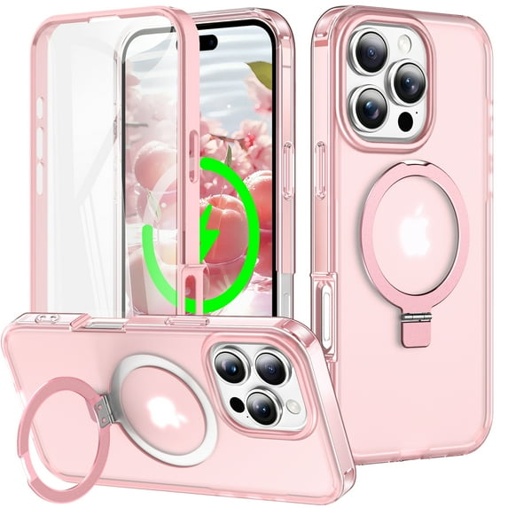 Allytechgroup iPhone 13 Pro Max Magnetic Case with Screen Protector, Ring Holder Stand Matte Transparent Back Cover Compatible with Magsafe Full Body Shockproof Case for Apple iPhone 13 Pro Max, Pink