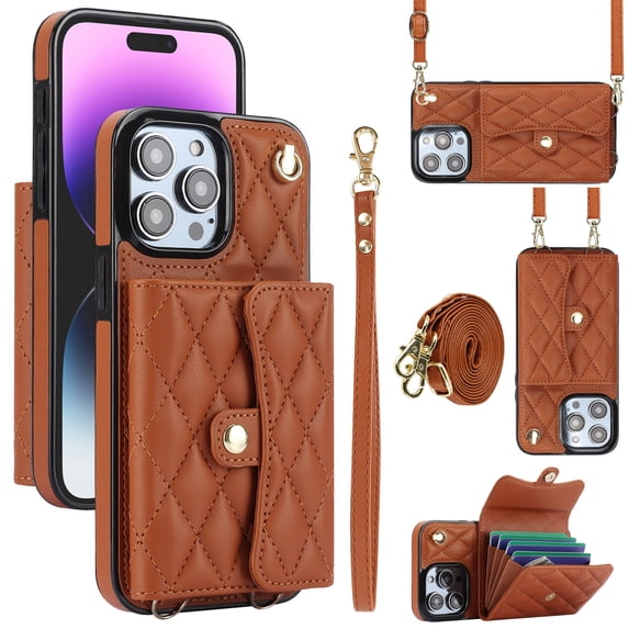 Allytechgroup for iPhone 13 Pro Max Wallet Case with 5 Cards Holders, Detachable Hand Strap & Shoulder Lanyard RFID Blocking Shockproof Protective Phone Case for Girls Women, Brown